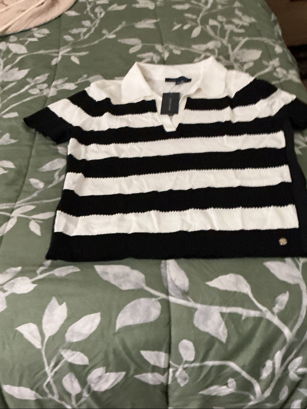 Striped Black and White Polo top- Women's Short Sleeve